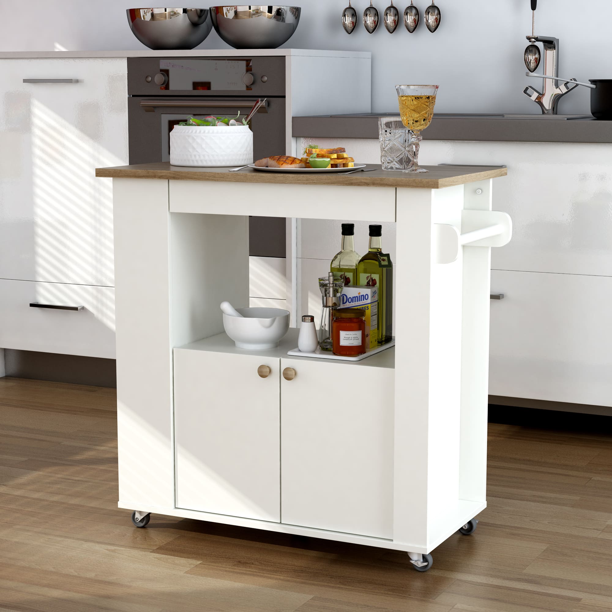 Aston Wooden Kitchen Cart – With Wheels and Storage - Outside Depot