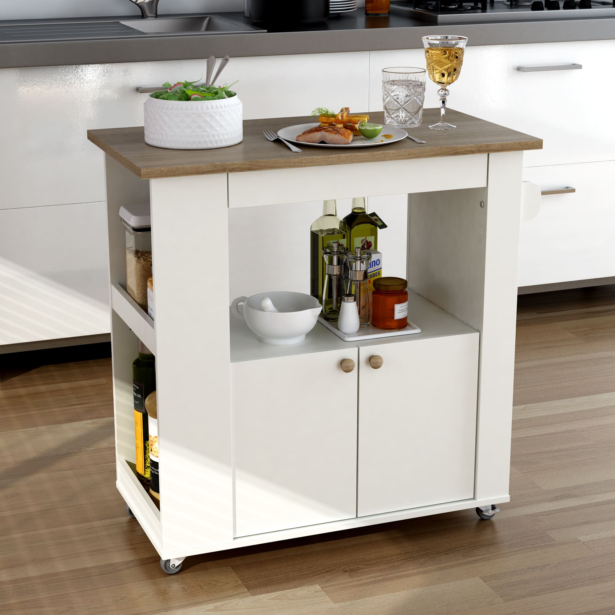 Aston Wooden Kitchen Cart – With Wheels and Storage - Outside Depot