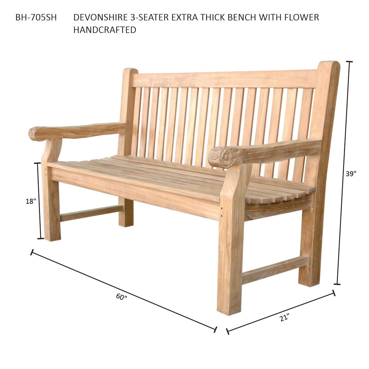 Devonshire 3 Seater Extra Thick Bench with Flower Handcrafted - Outside Depot